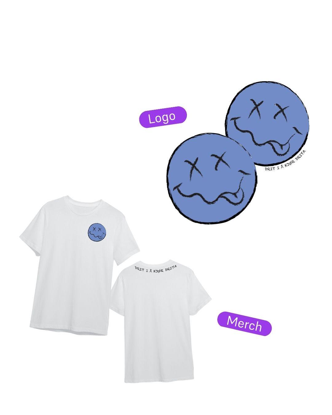 Merchandise med teksten "Drit i å kjør drita" på en hvit t-skjorte. Logoen er en rund blå smiley med kryss til øyne og S-formet munn med tungen ute.