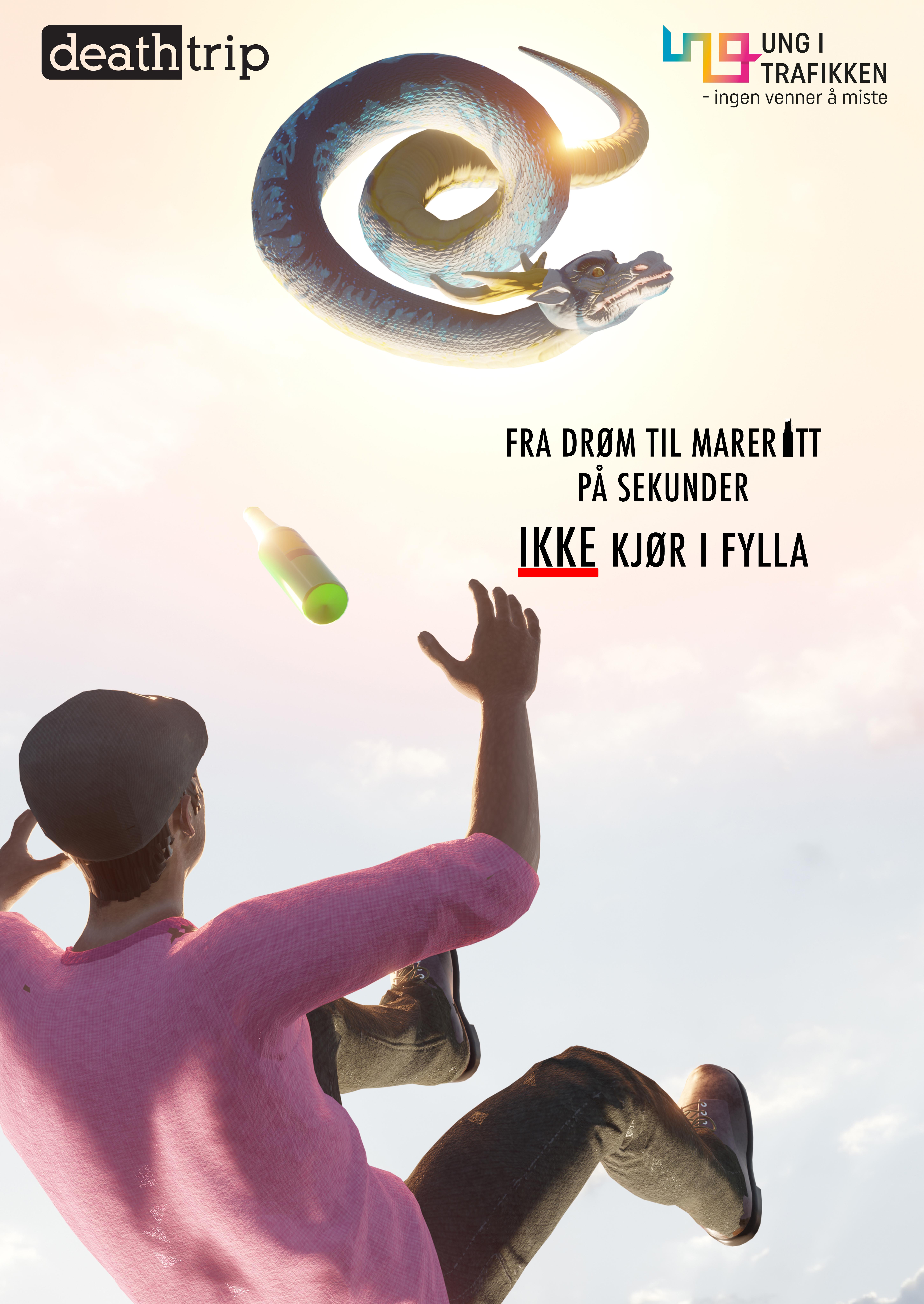 Webbanner av mann som faller fra en drage, med teksten: fra drøm til mareritt på sekunder. Ikke kjør i fylla.