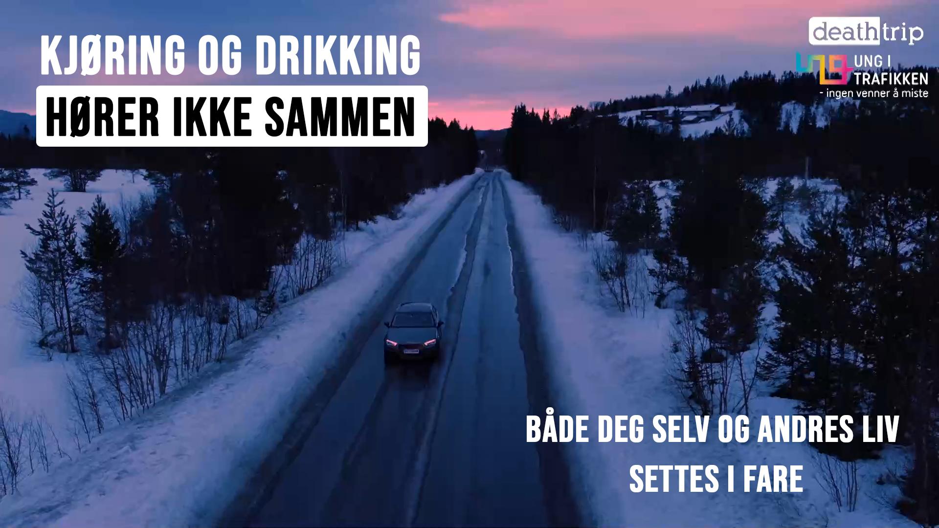 Plakat av landevei med tekst: Kjøring og drikking hører ikke sammen.