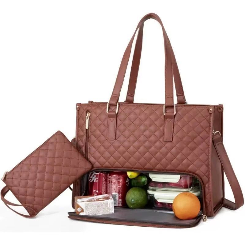 Brown Ladies bag with lunch box inside