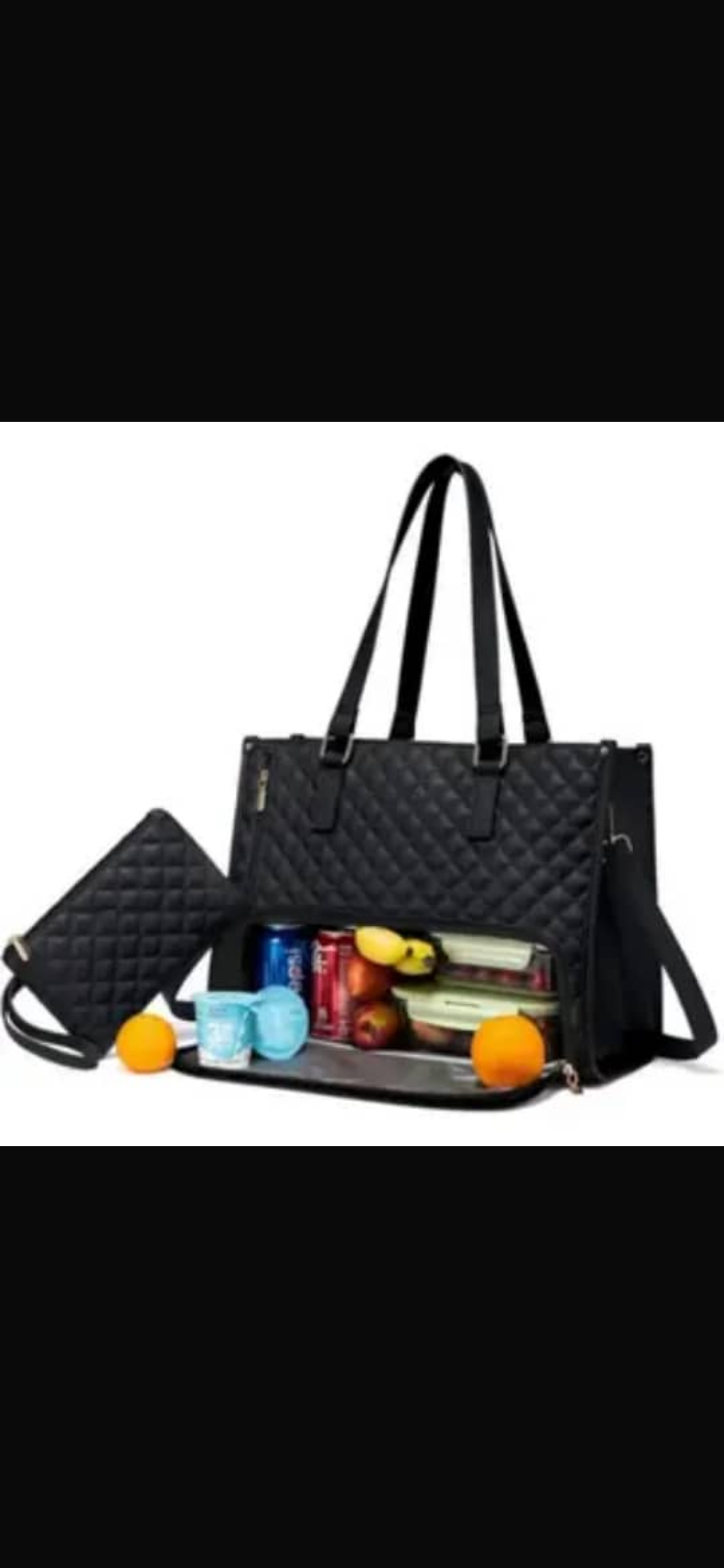 Black Ladies bag with lunch box inside