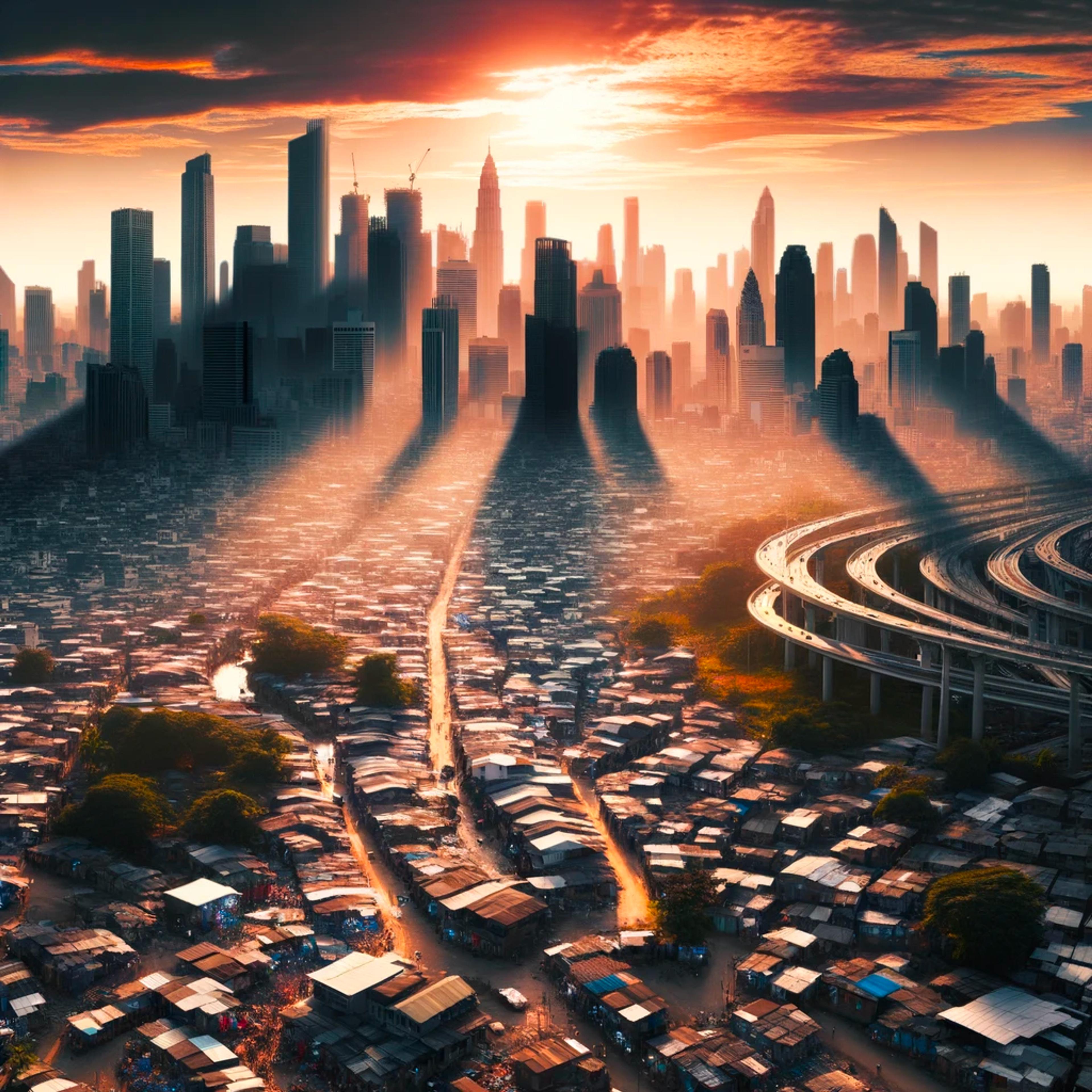 Cartoon of a slum in the foreground juxtaposed with a wealthy city in the background.