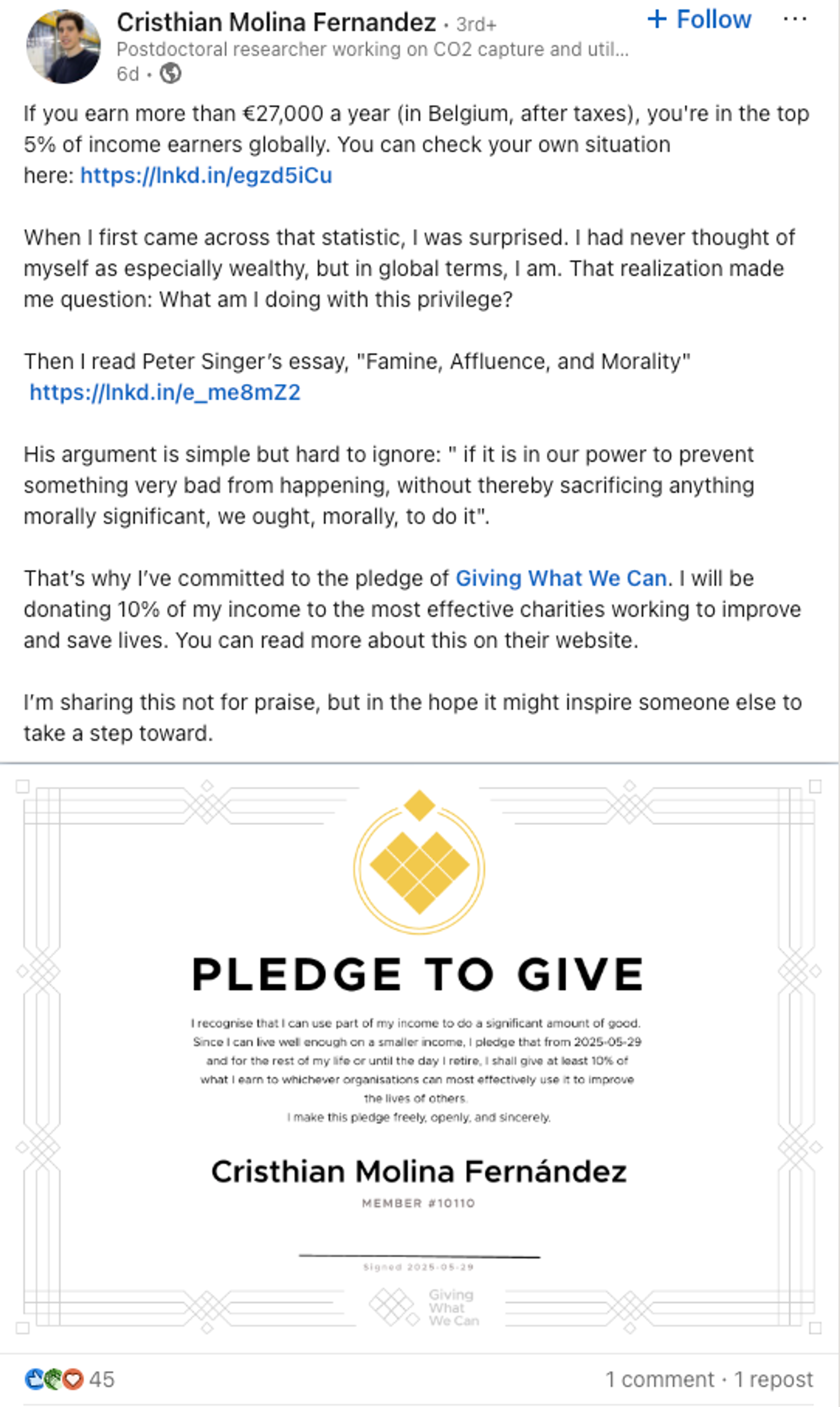 A post about a recent pledger's motivations for pledging