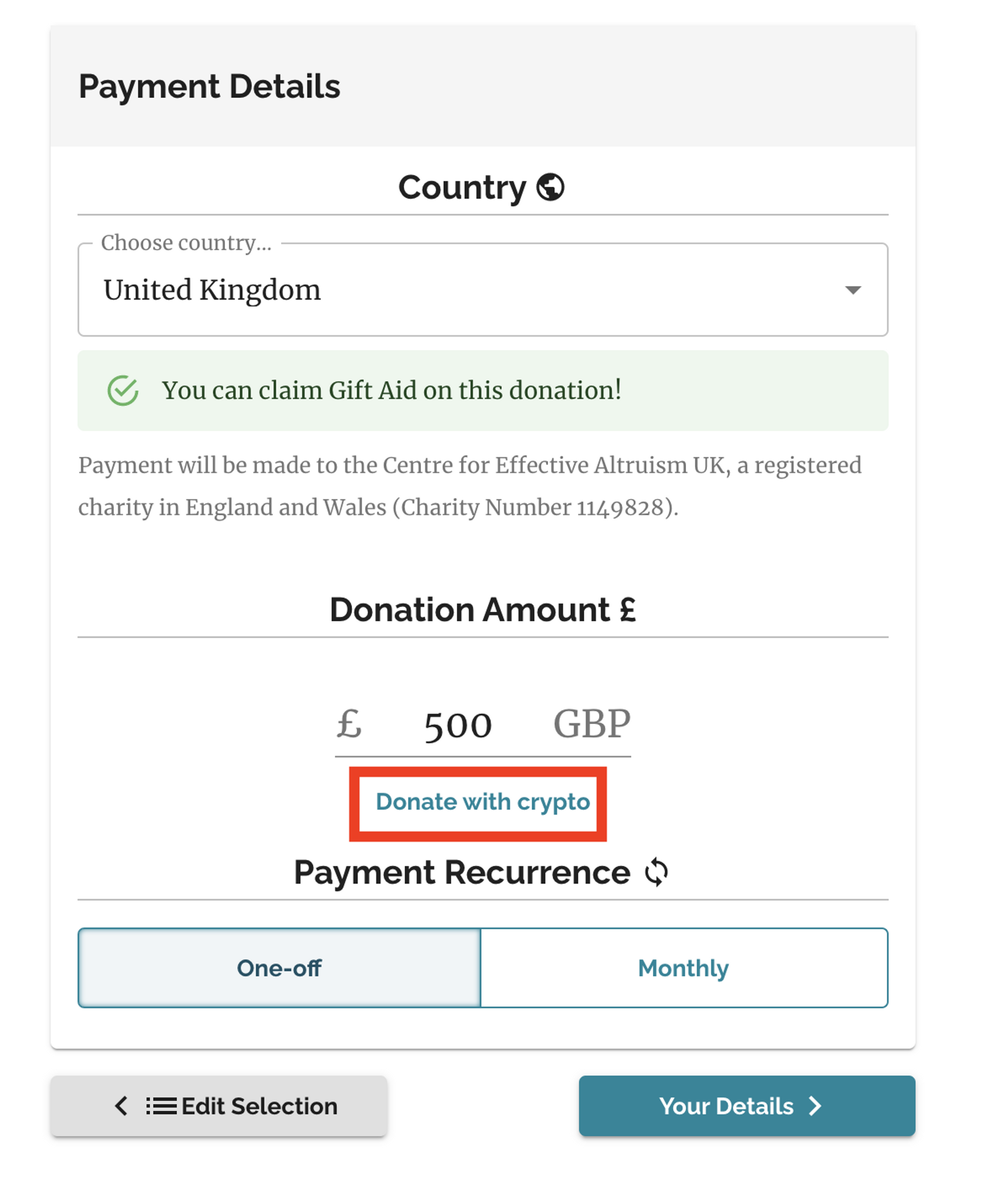 Crypto Donation Flow - Donate Crypto Button