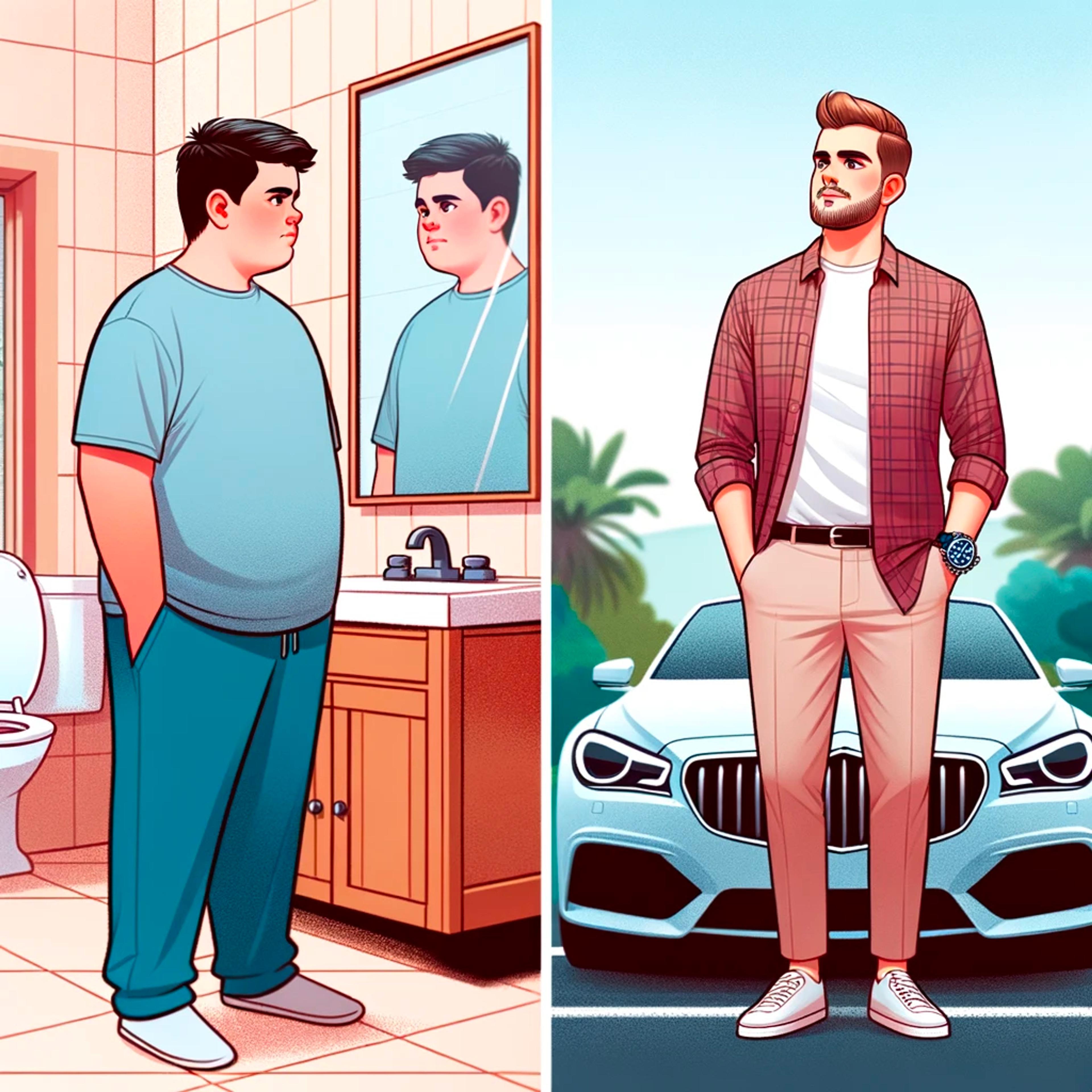 On left, overweight boy looking in bathroom mirror, on right, in shape and handsome man in front of a fancy car.