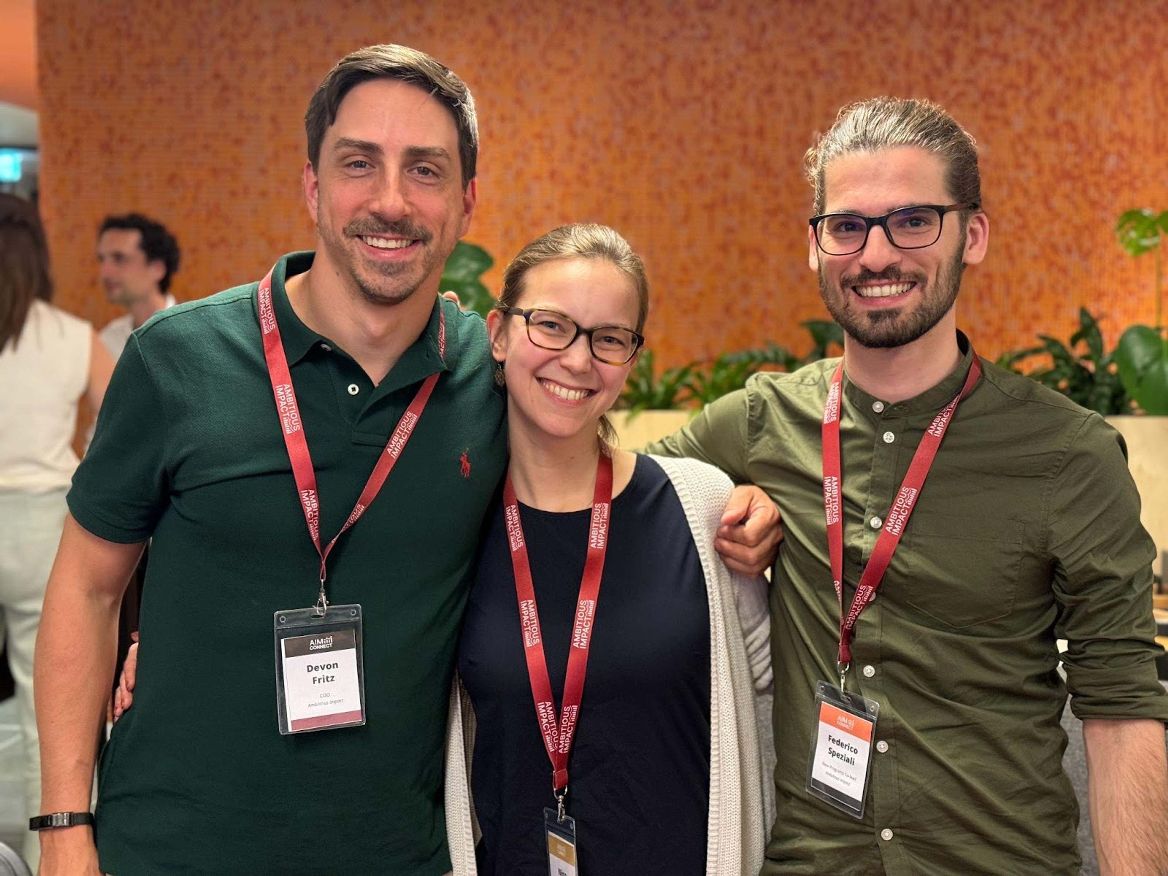 High Impact Professionals’ co-founders, Devon and Federico, and Nina at an event in June 2024