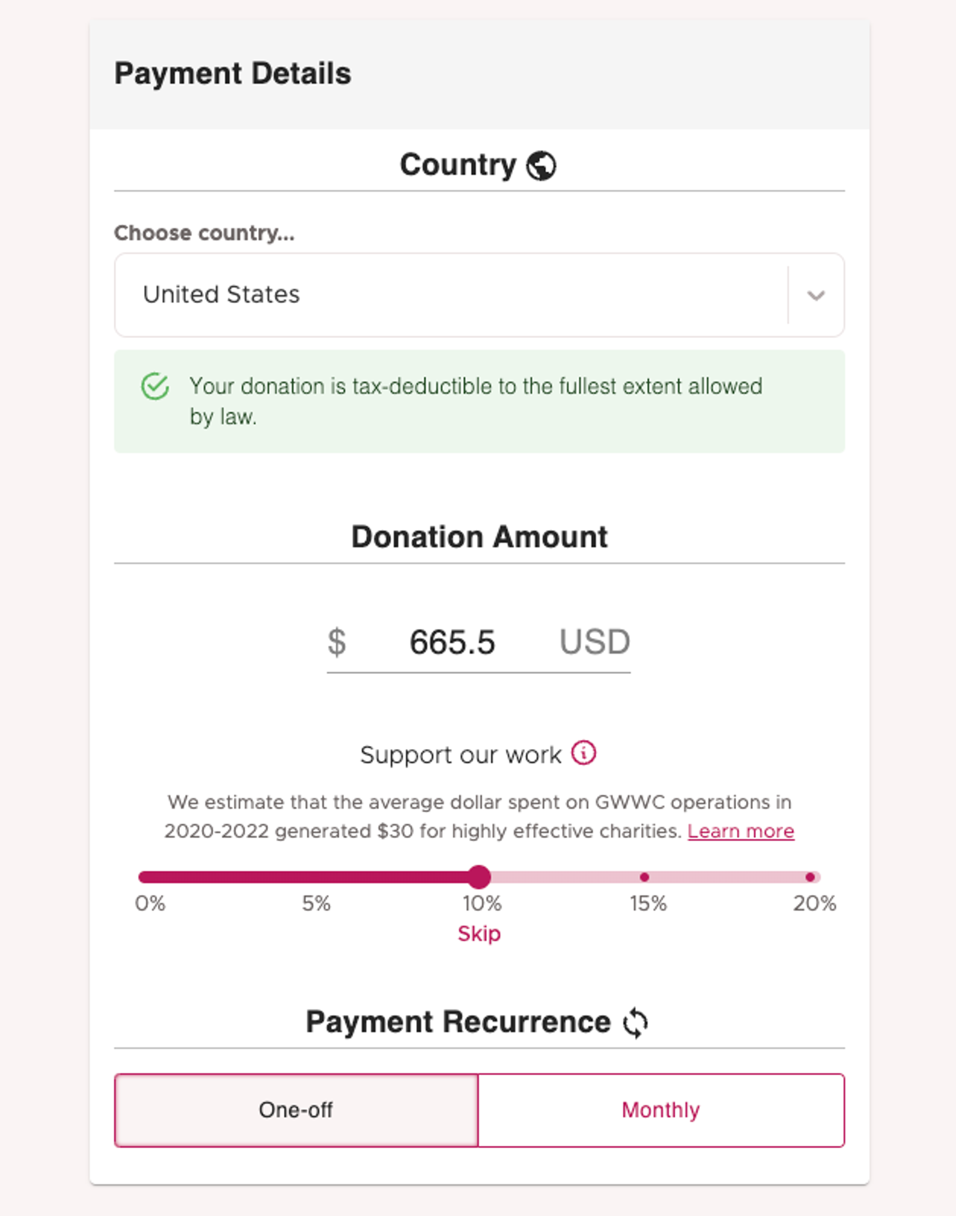 Photo of tipping option when donors are submitting a payment