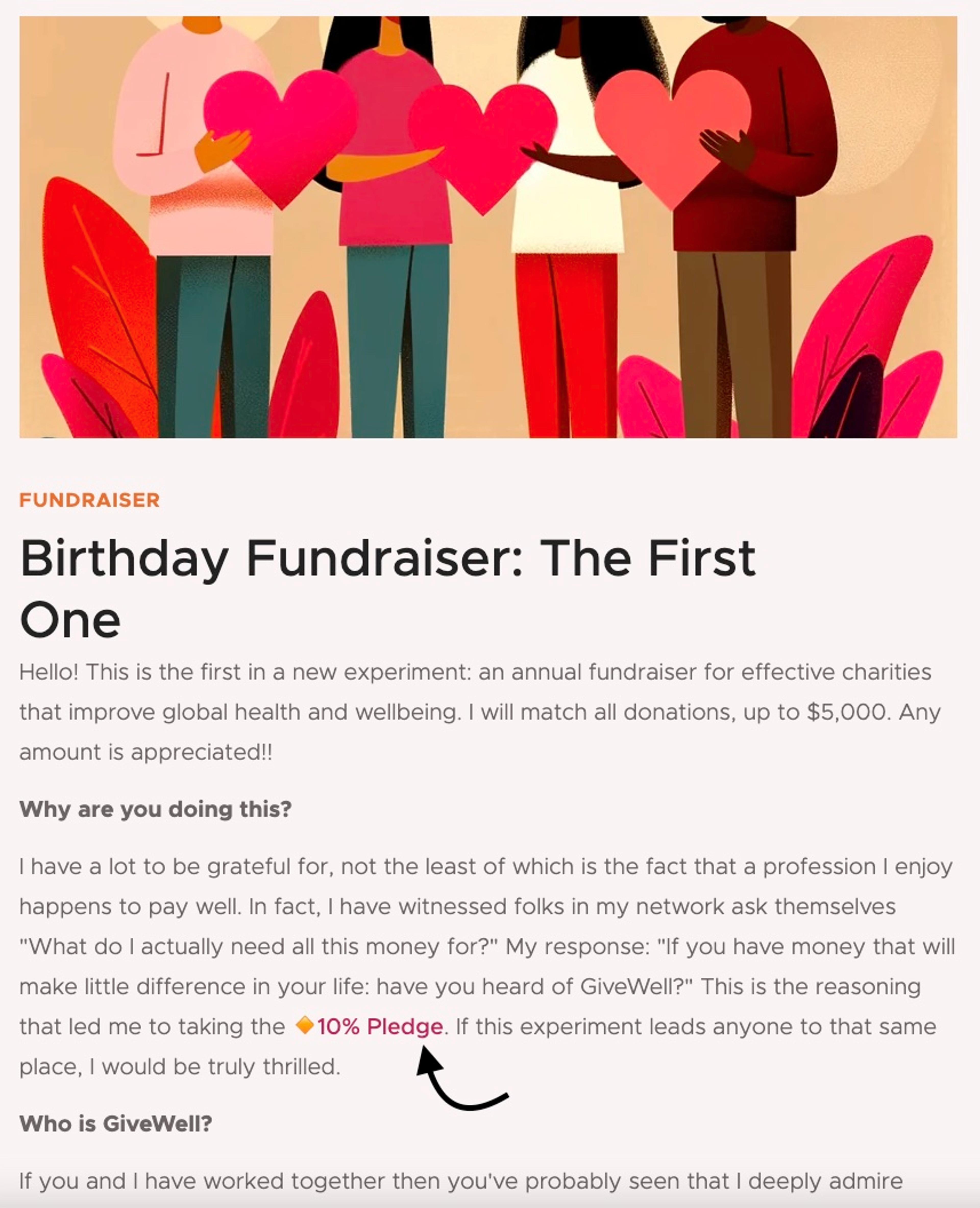 Example of mentioning pledge in fundraiser description