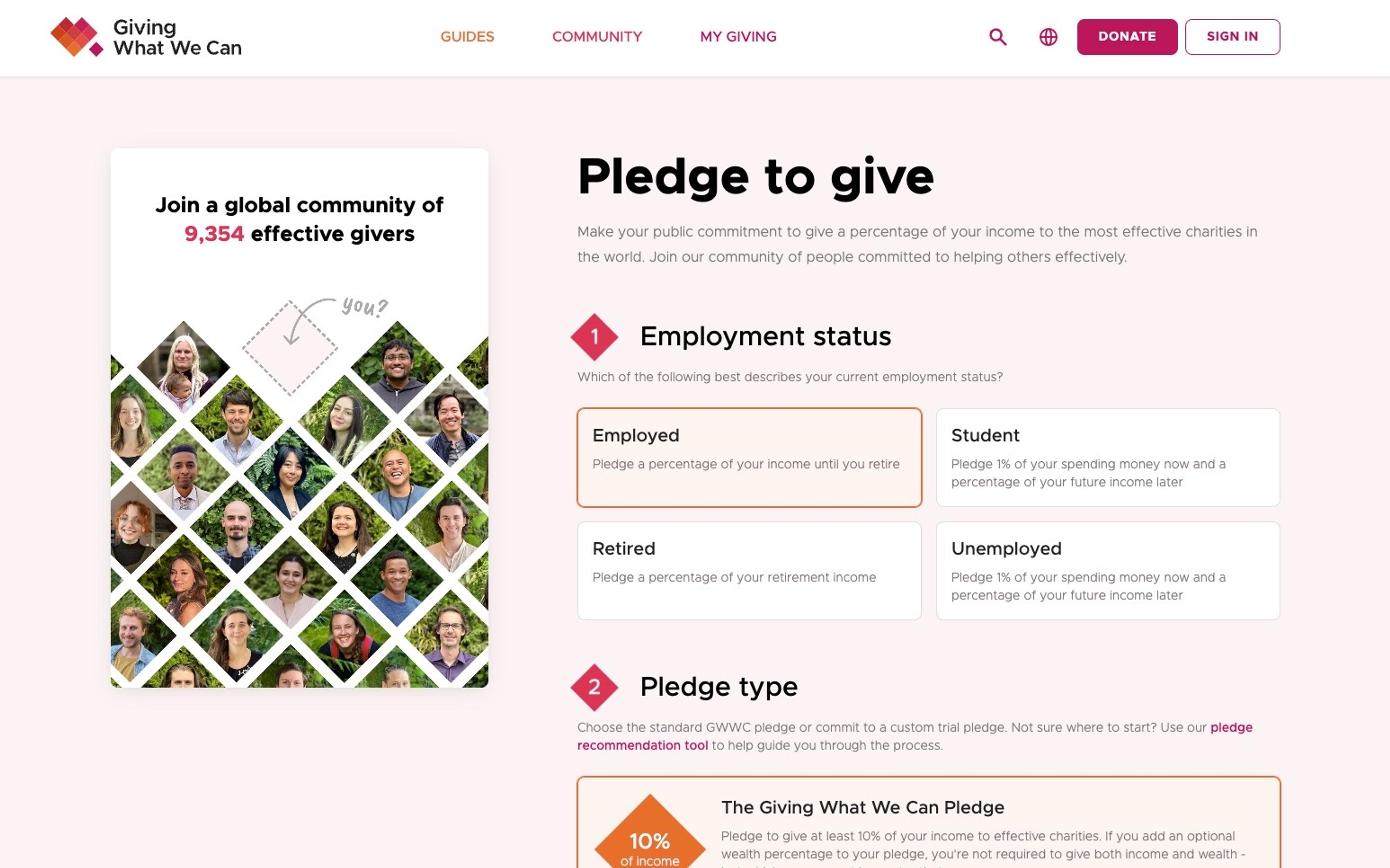 image of the GWWC pledge sign up flow including an quilt of member portraits on the left hand side