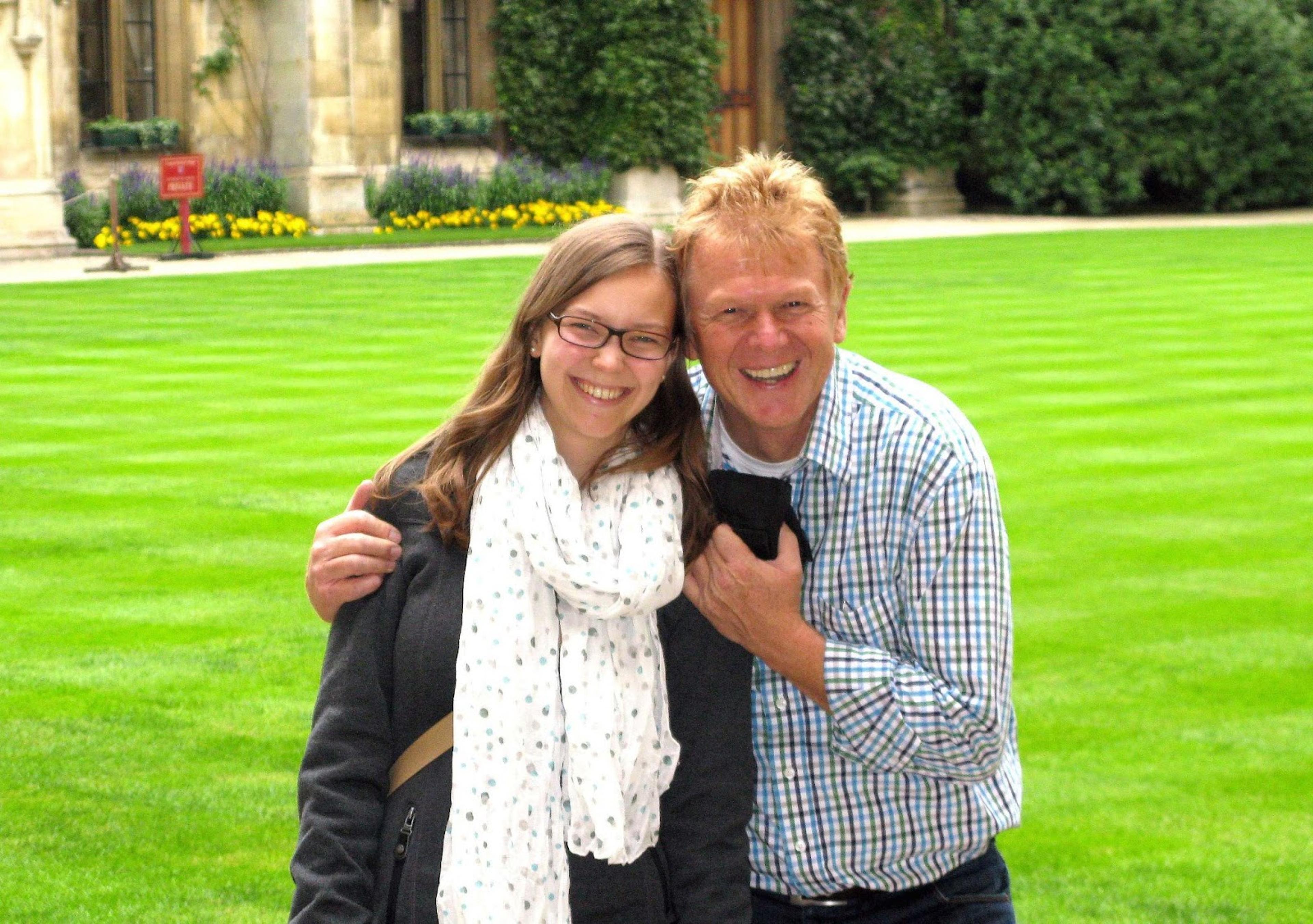 Nina and her father on the first day of Nina's master studies in Cambridge, UK