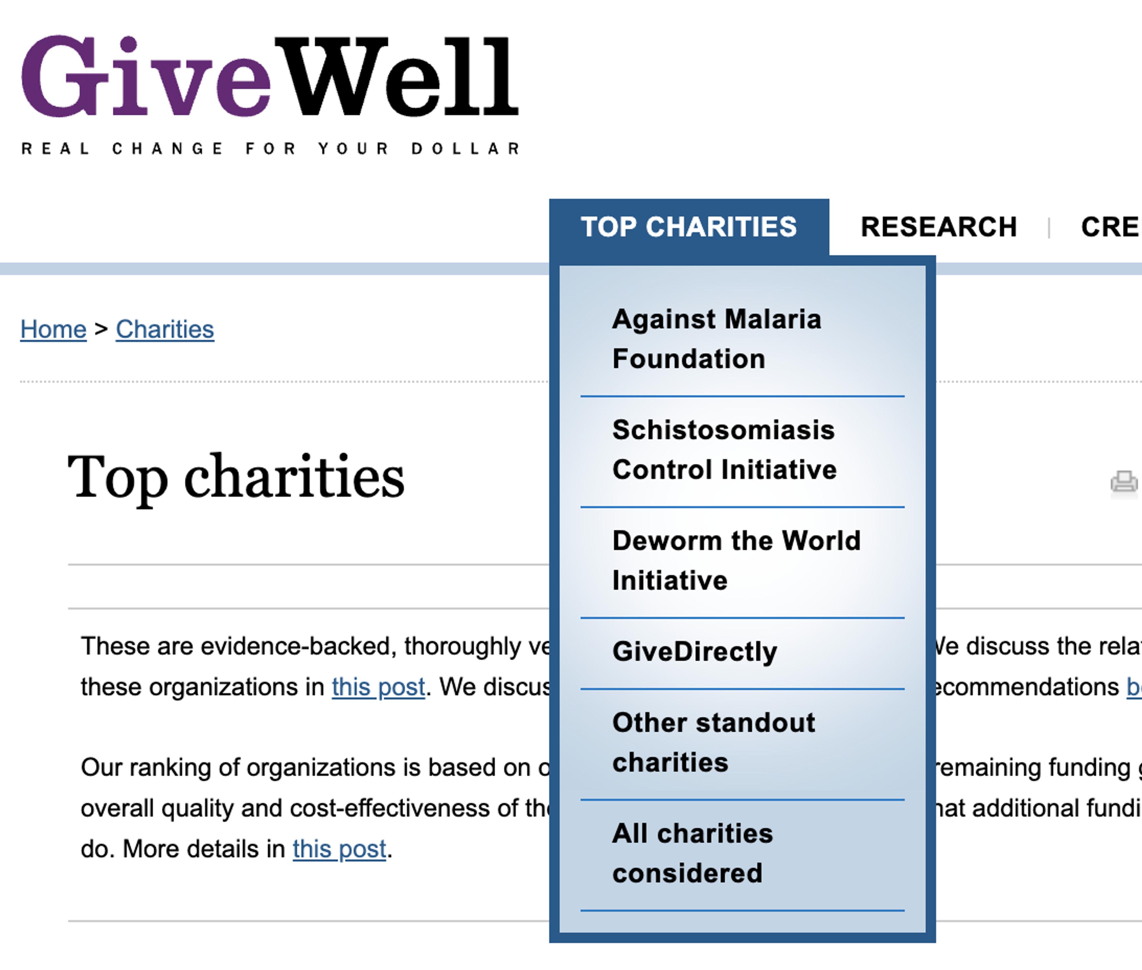 GiveWell's old recommendations page.