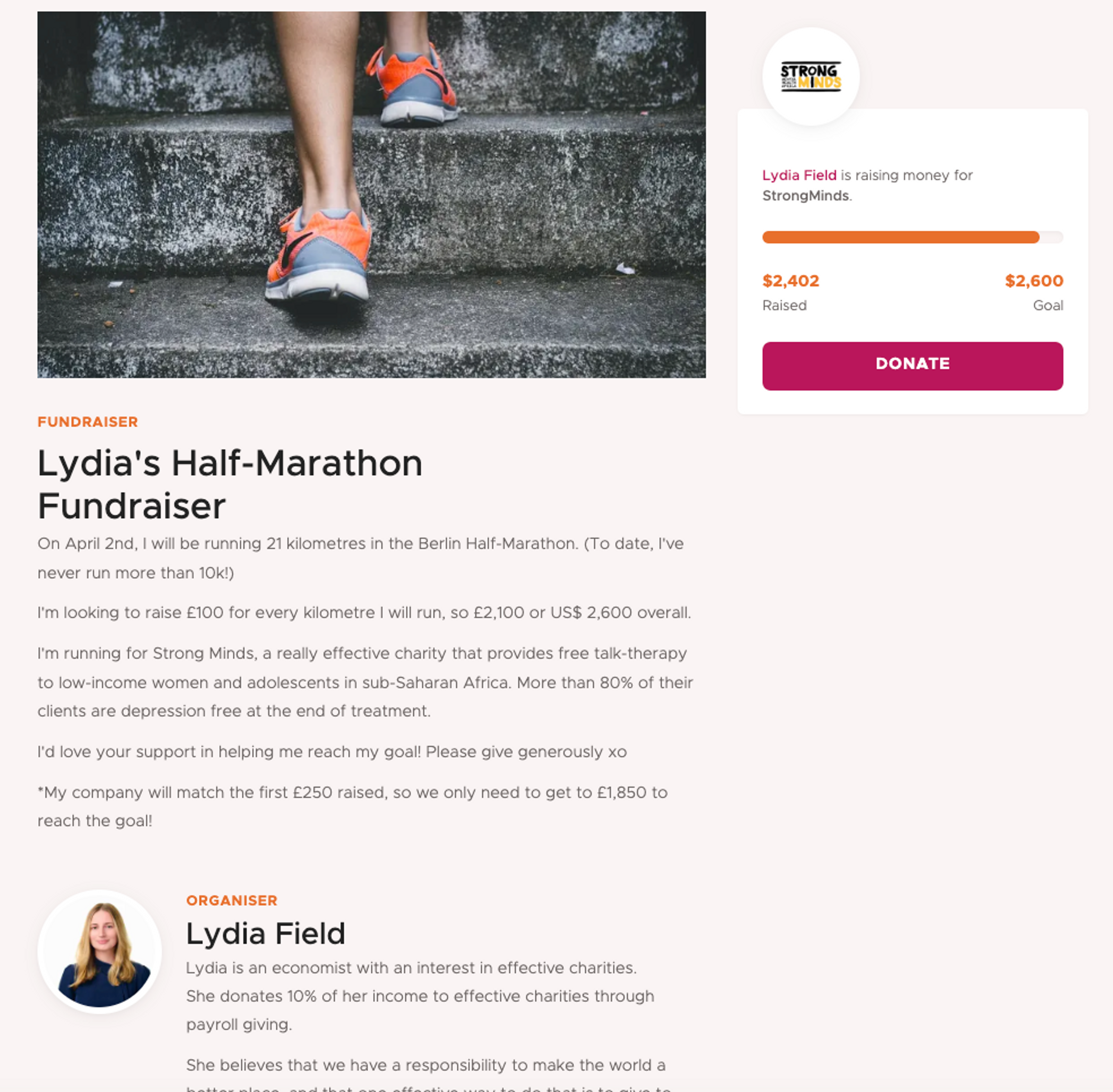 Half marathon fundraiser page
