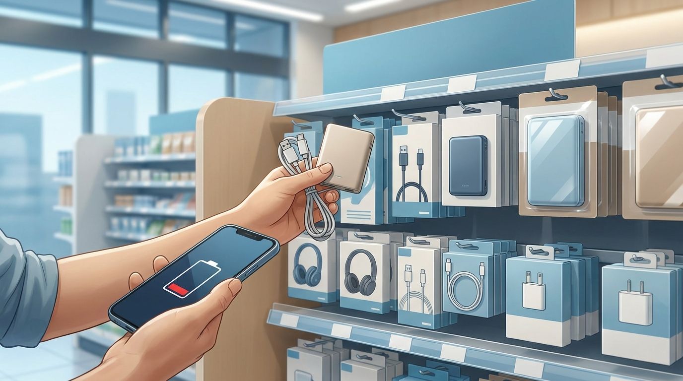 コンビニ店内でスマートフォンとモバイルバッテリーを選ぶ様子