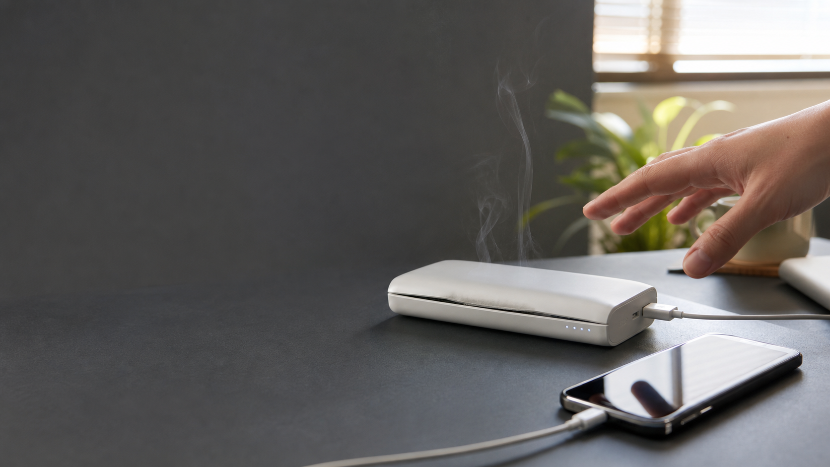 膨らみと発煙の異常が見られるモバイルバッテリーから手を離す様子