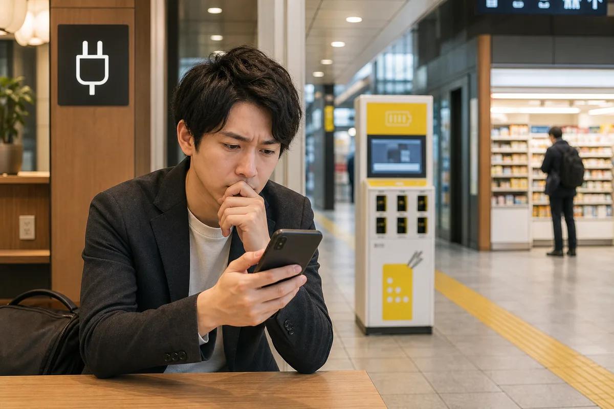 駅でスマホの充電切れに困り、充電場所とレンタルスタンドを探す人
