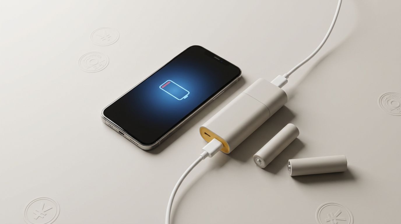 100均の乾電池式充電器とスマートフォン、乾電池、USBケーブル