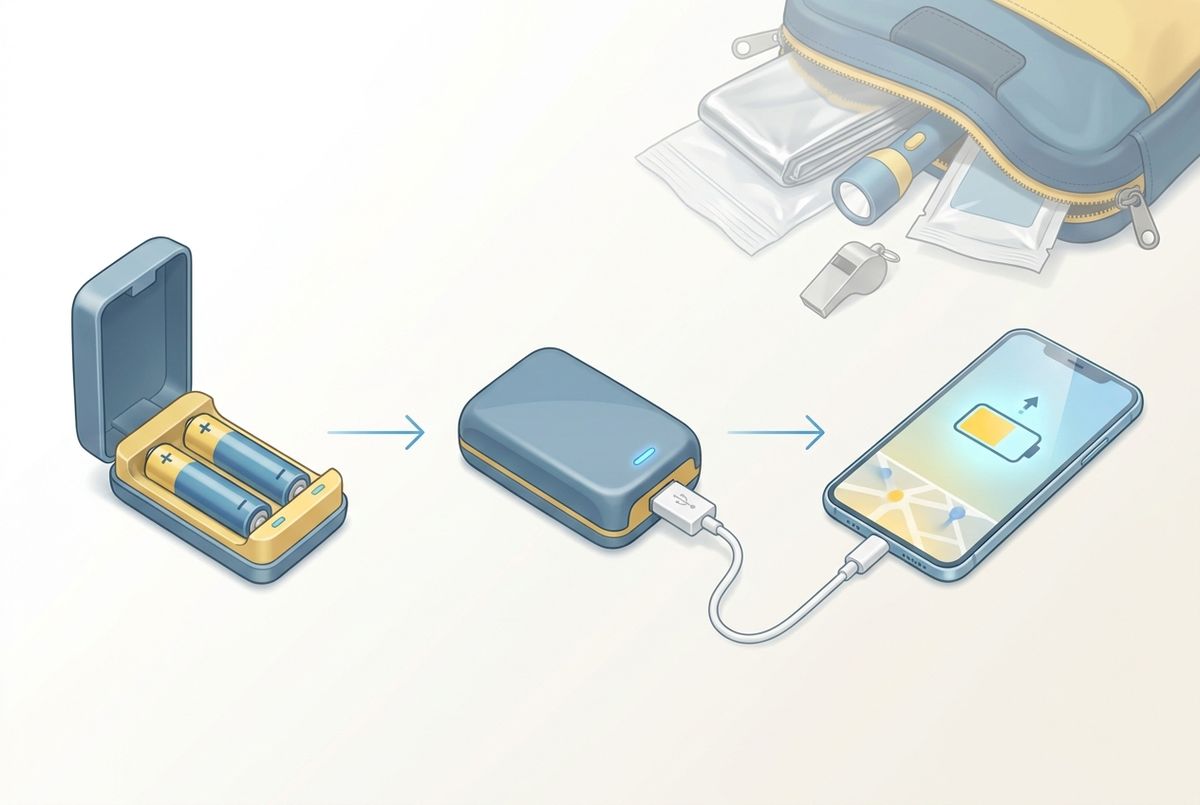 乾電池を充電器に入れ、USBケーブルでスマートフォンへ給電する流れ