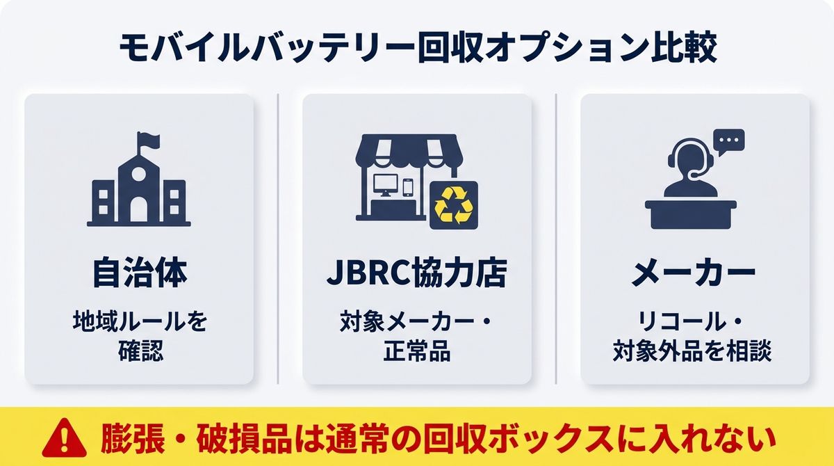 モバイルバッテリーの主な回収先を比較した図解