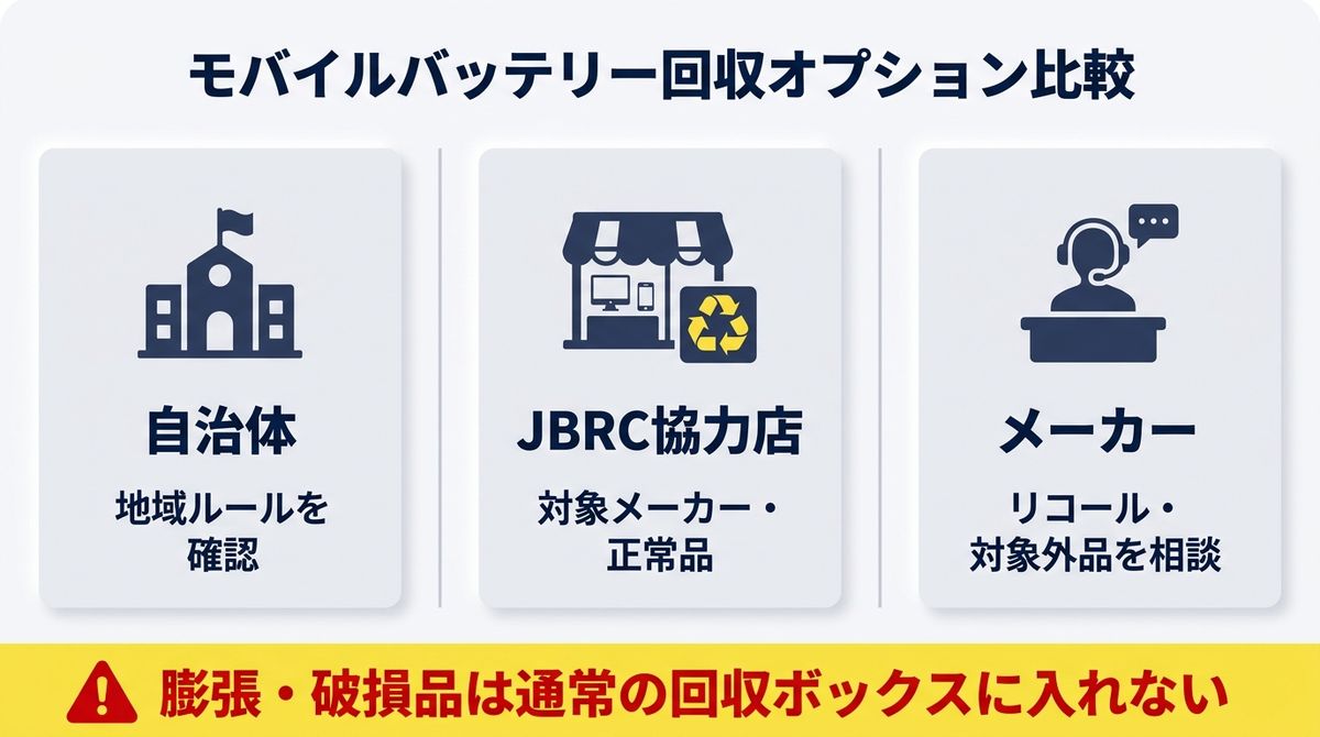 モバイルバッテリーの主な回収先を比較した図解