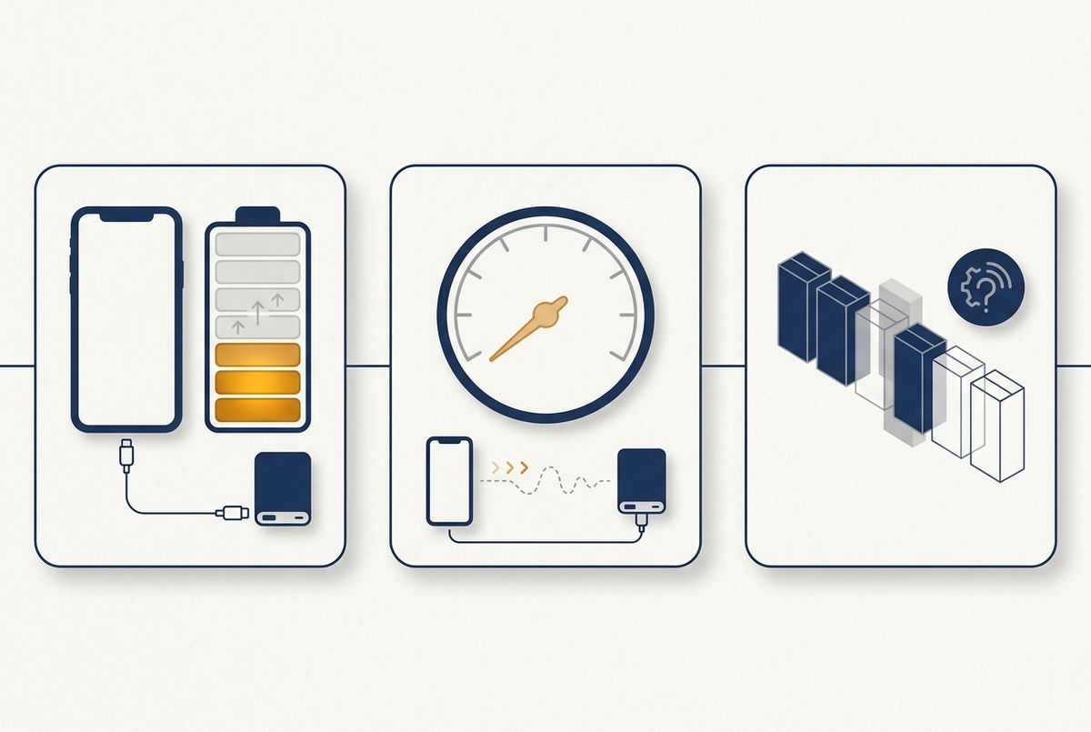 安価なモバイルバッテリーの充電量、充電速度、品ぞろえに関する3つの注意点