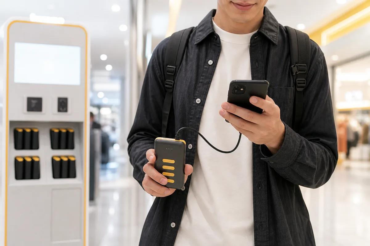 駅構内のモバイルバッテリーレンタルスタンドでスマホを充電する様子
