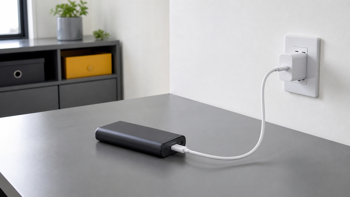 硬く平らで周囲に物がない場所でモバイルバッテリーを充電する様子