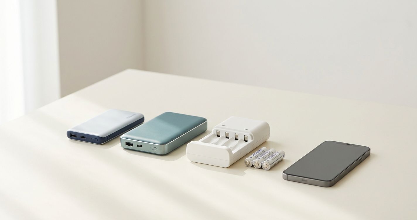 小型5000mAh・大容量・乾電池式のモバイルバッテリーをスマートフォンと並べた比較イメージ