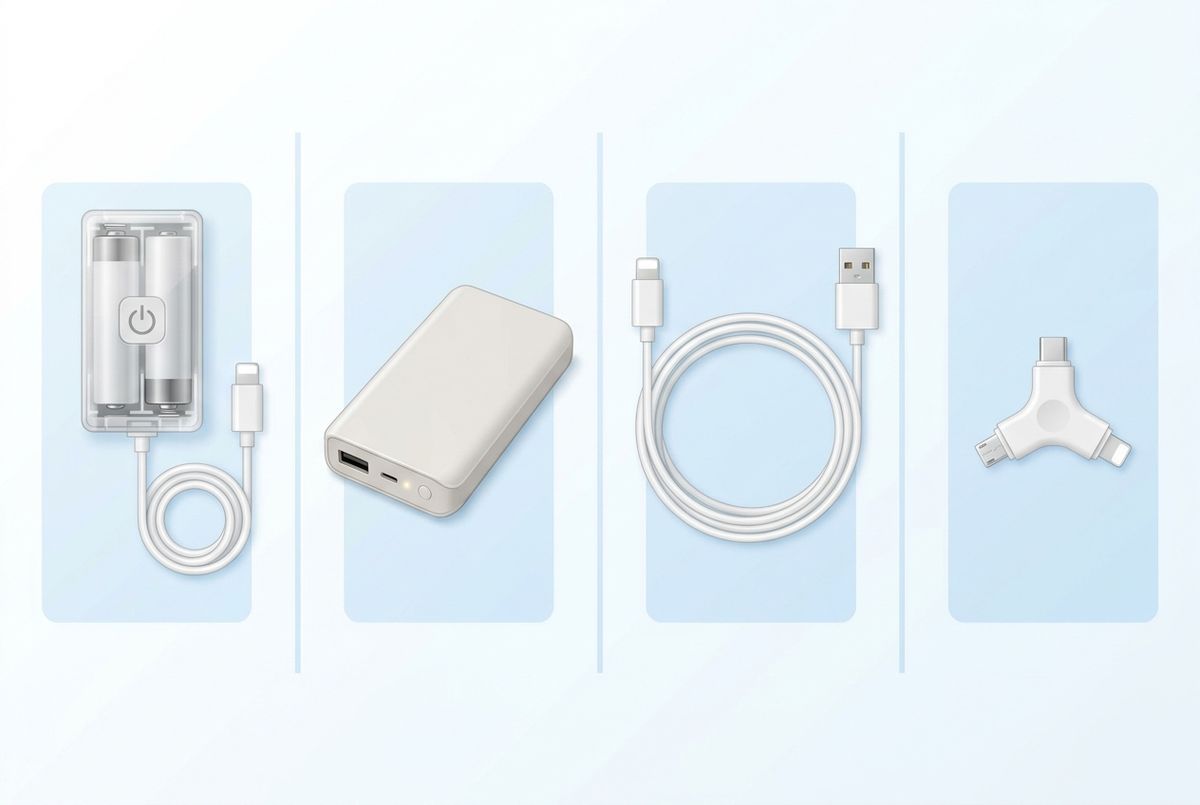 100均で見かける乾電池式充電器、充電式バッテリー、ケーブル、変換アダプターの4種類