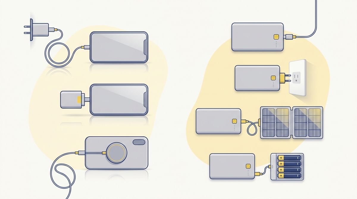 スマホへの給電方法とモバイルバッテリー本体への給電方法を示す比較イメージ