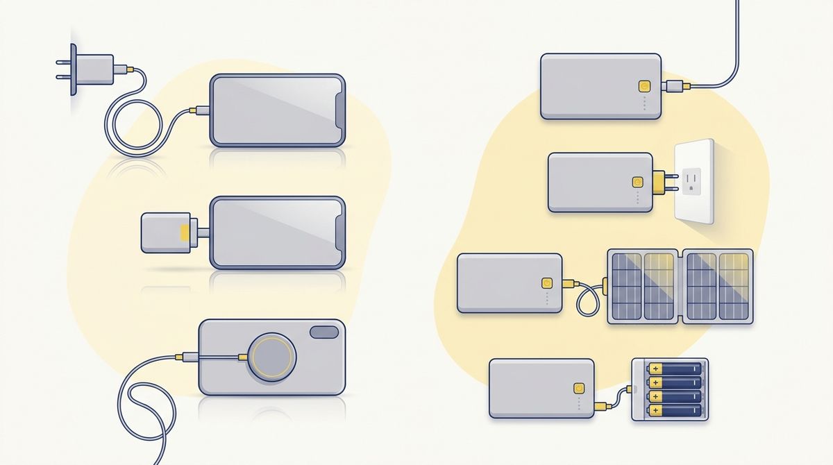 スマホへの給電方法とモバイルバッテリー本体への給電方法を示す比較イメージ
