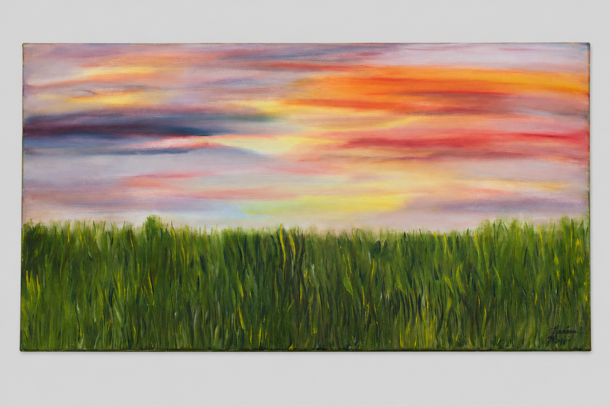An oil painting of a beautiful field at sunset
