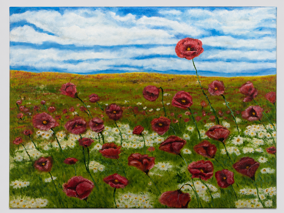 An oil painting of poppies growing in a field
