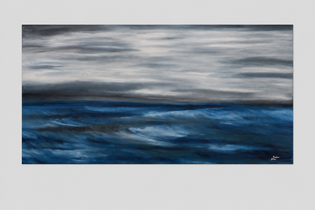 An oil painting of a turbulent ocean and a grey sky