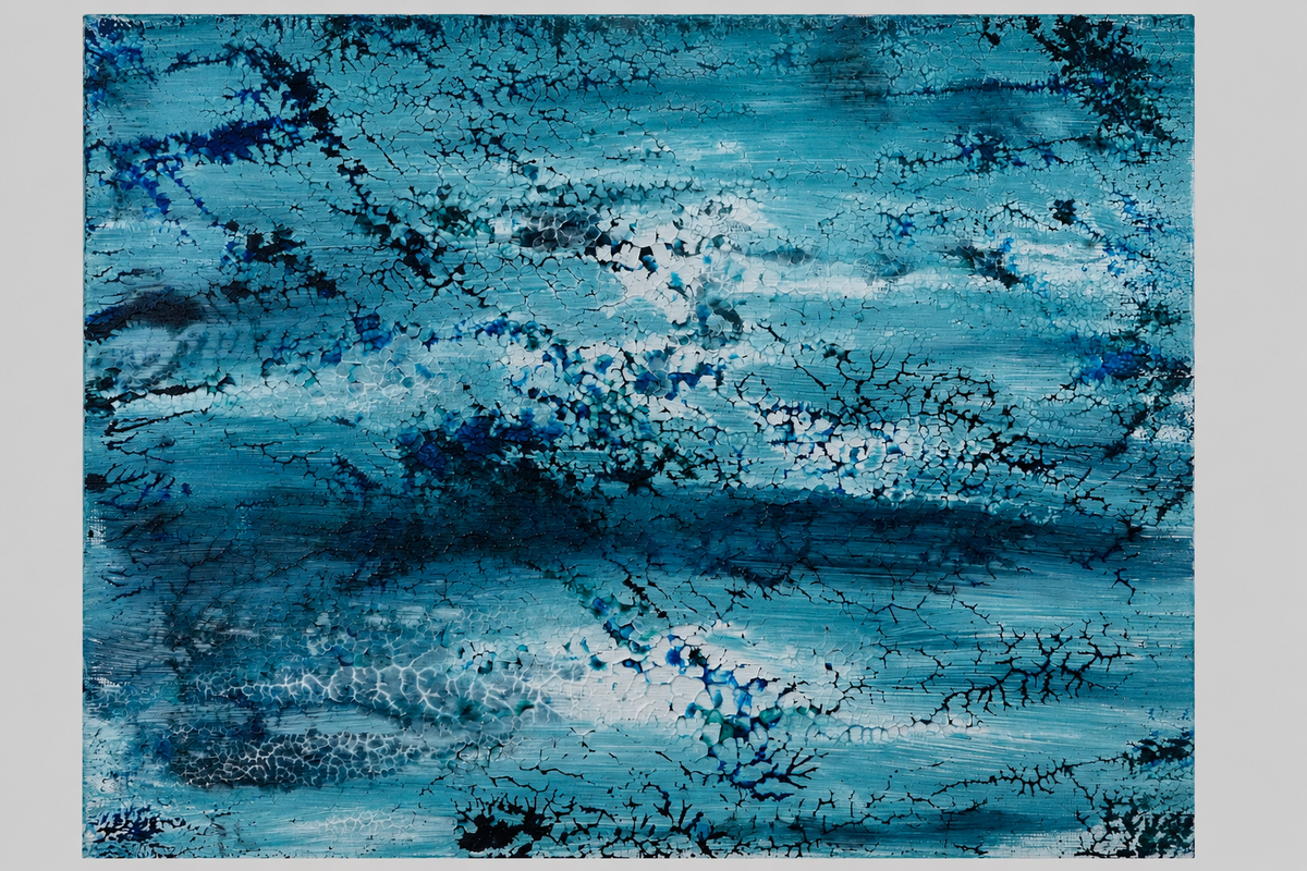 An abstract painting with multiple shades of blue and layered effects