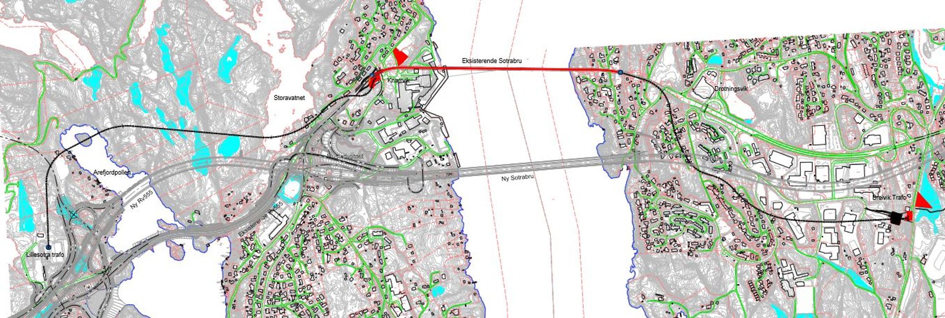 Kart over ny trase for høyspentlinjen