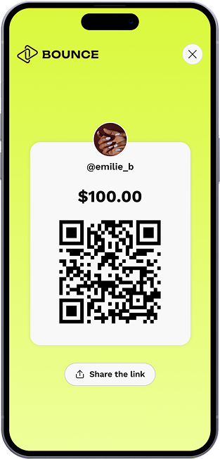 Mobile phone displaying a QR code to download the Bounce app