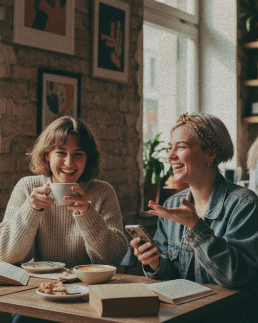 Friends sitting at a café enjoying coffee together
