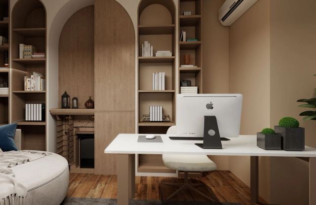 Home office with arched built-in shelving and a white desk