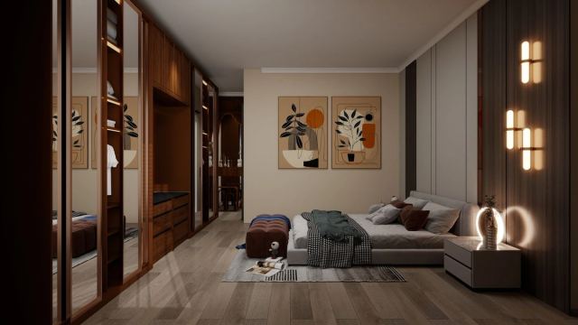 Bedroom with a full-height walnut wardrobe wall, wall sconces and framed prints