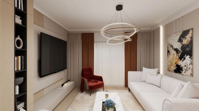 Living room with a ring chandelier, timber panelling, a cream sofa and a rust armchair