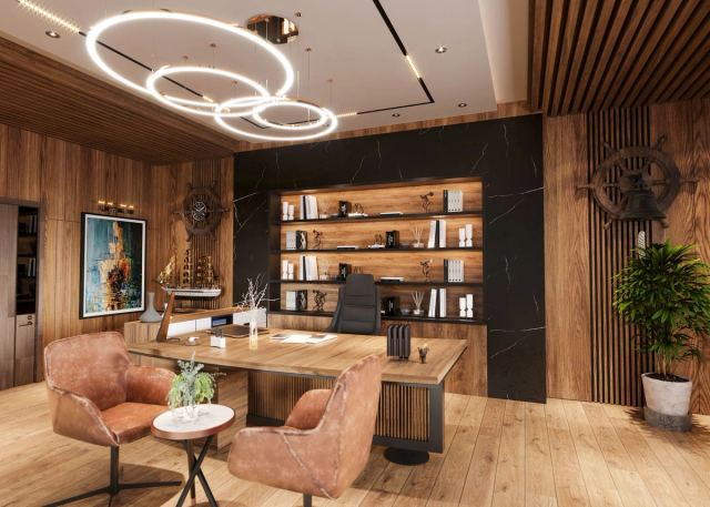 Timber-panelled study with ring pendant lights, built-in shelving and tan leather chairs