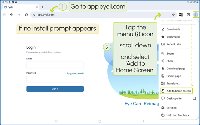 If no prompt appears, tap the menu icon (⋮), scroll down, and select <strong>Add to Home Screen</strong>.
