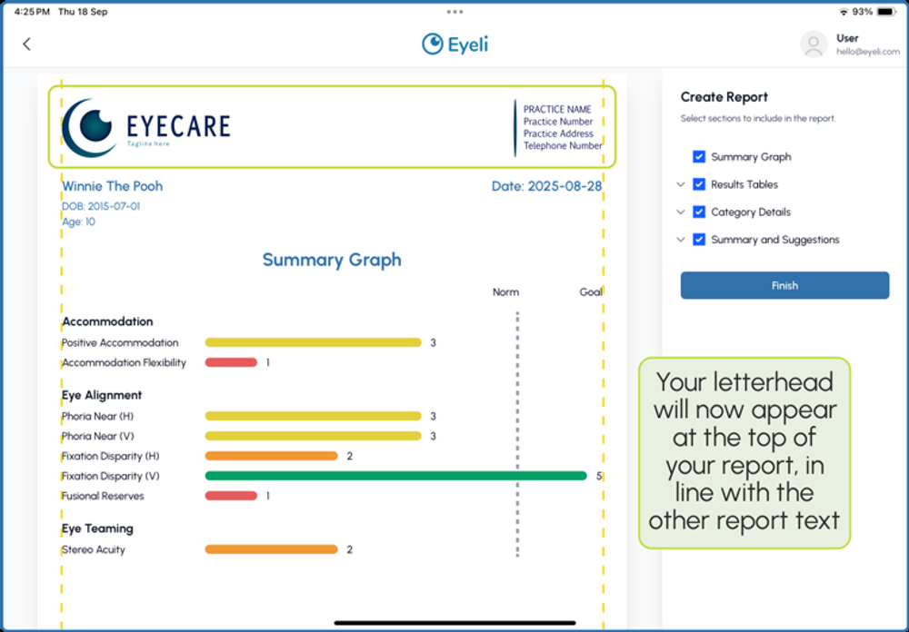 A patient report showing the practice letterhead applied at the top, in line with the other report text