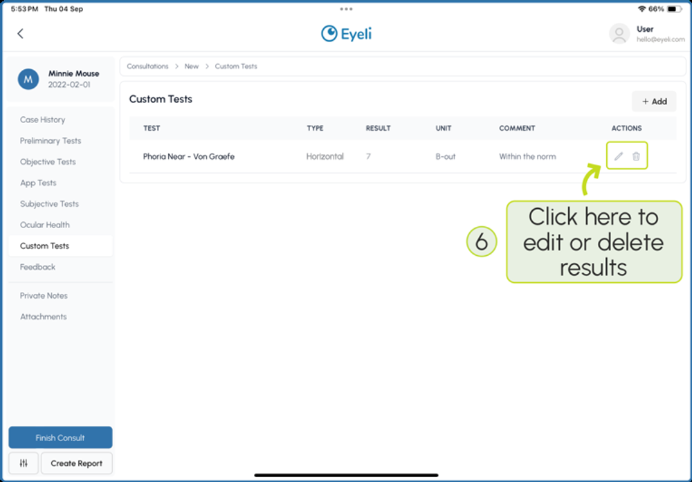 A saved custom test result in the results table, with edit and delete icons under Actions