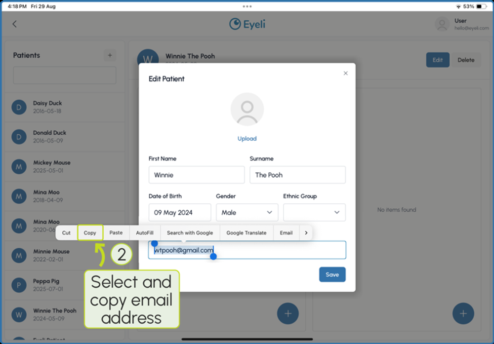 Edit Patient form with the patient's email address selected and a Copy option shown