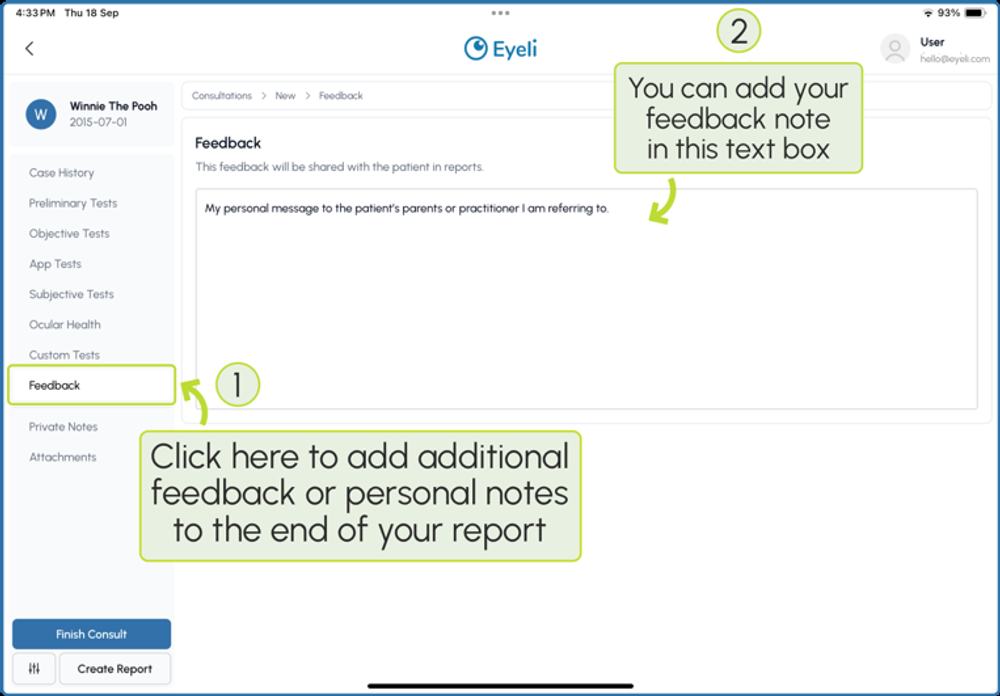 The Feedback tab of a consultation, with a text box for adding a personal note that will be shared in reports
