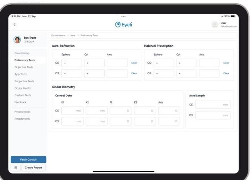 The Eyeli EHR screen showing a patient record with consolidated test data