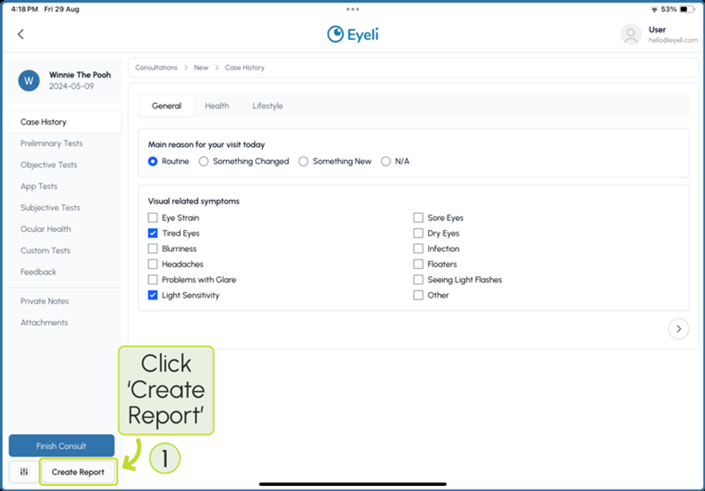 A patient consultation screen with a Create Report button in the bottom-left corner