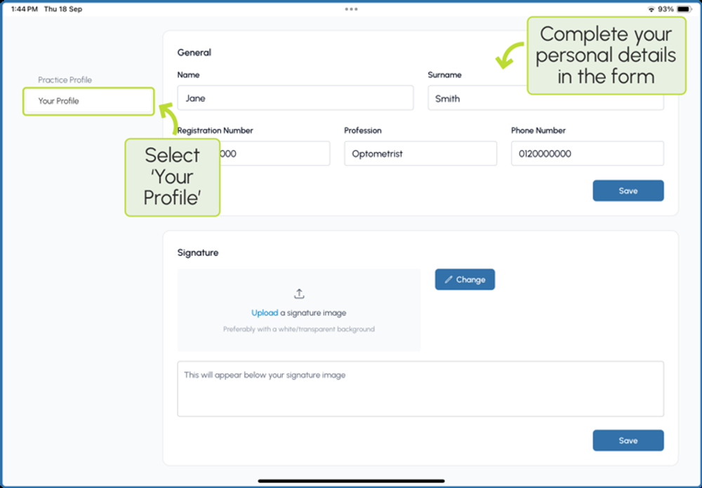 Practitioner profile form with personal details and a signature upload field
