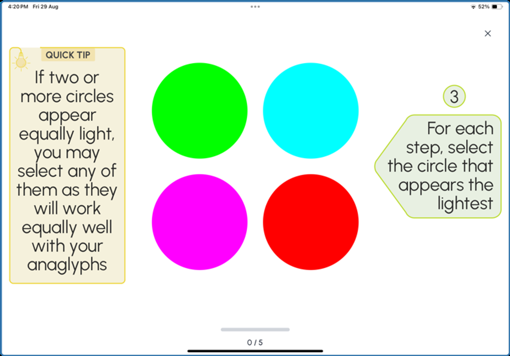 Four coloured circles on screen, with an instruction to select the one that appears lightest